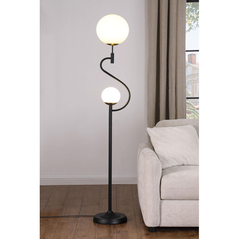 Lampe sur pied 69 po à deux ampoules sphériques en métal noir