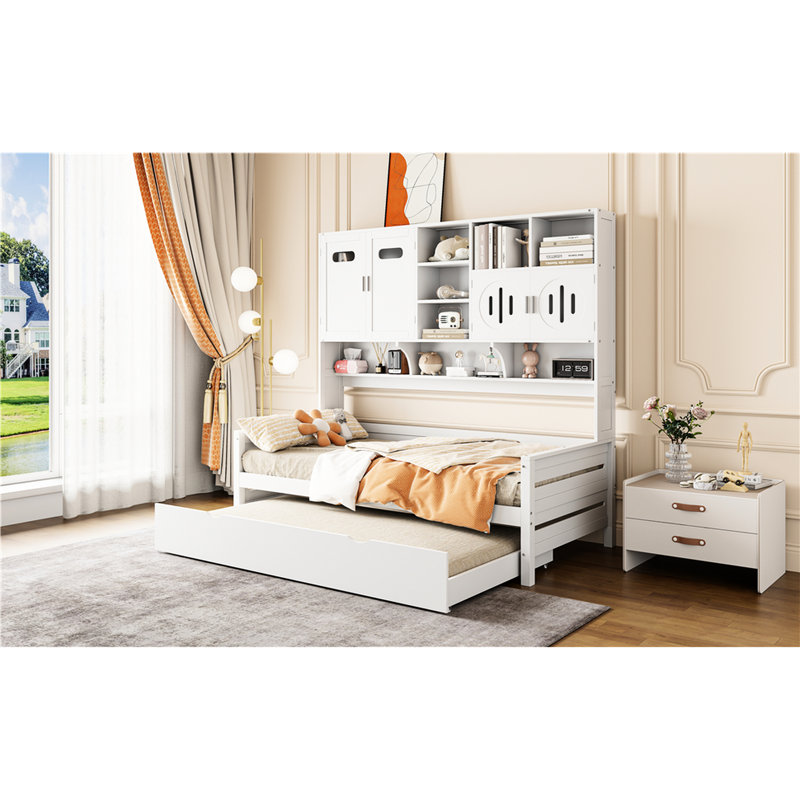 Lit de jour simple maximisant l'espace avec armoire et lit gigogne - Taille de choix pratique dans un cadre de lit de rangement en bois blanc