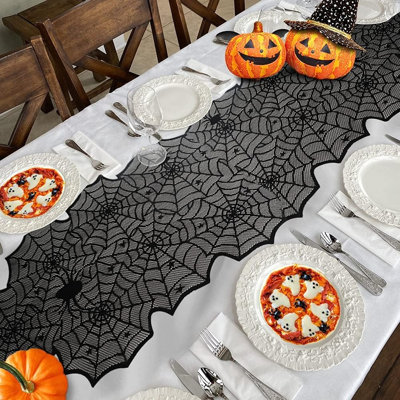 Halloween Spider Web Table Runner – Black Lace Decorative Table Cover for Halloween Party, Dining Table, Kitchen, Fireplace, Mantel & Seasonal Home Decor