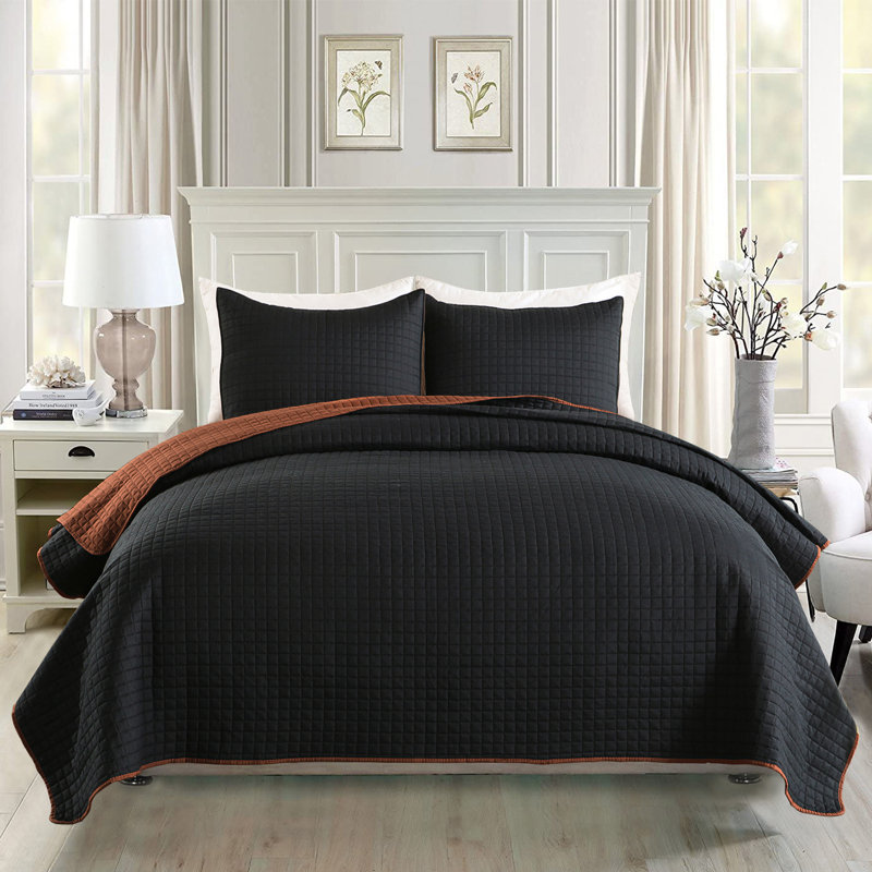A-QSM0720220121 Modern & Contemporary Quilt, Queen Quilt + 2 Queen Shams, Black