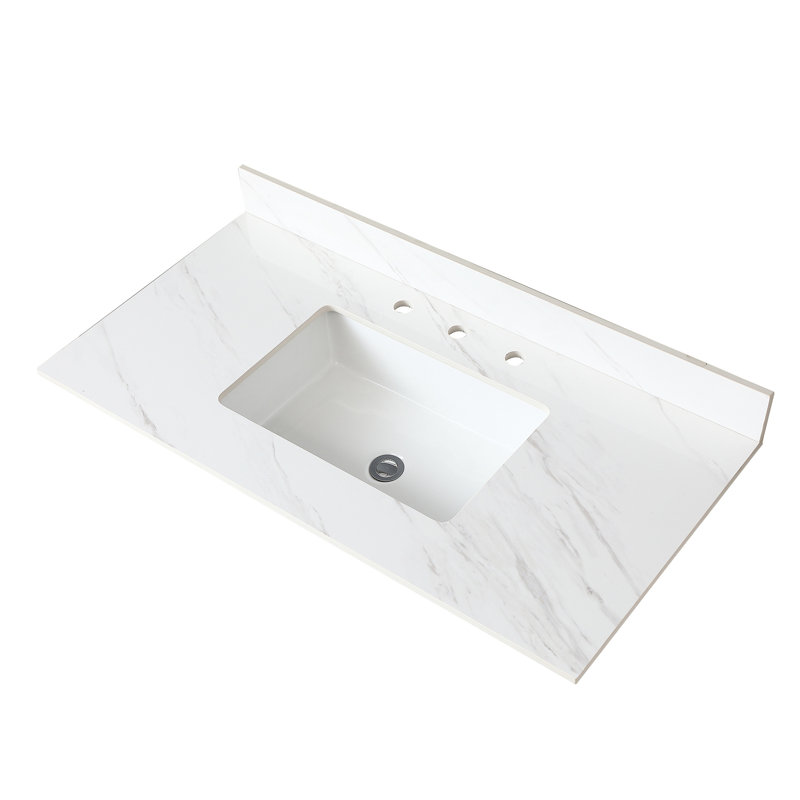 Plateau de meuble-lavabo en pierre frittée blanche de 43 pouces avec dosseret de 4 po et surface facile - dosseret, trou de robinet pré-percé, lavabo rectangulaire,