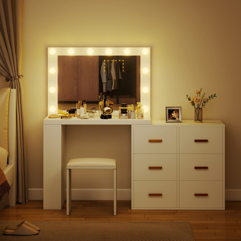 Bureau de coiffeuse avec miroir et 12 lumières DEL, table de maquillage avec tiroirs