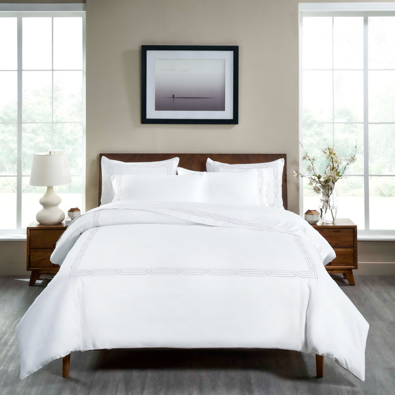 Ensemble de housse de couette en coton égyptien brodé à densité de tissage 1200 fils, Blanc