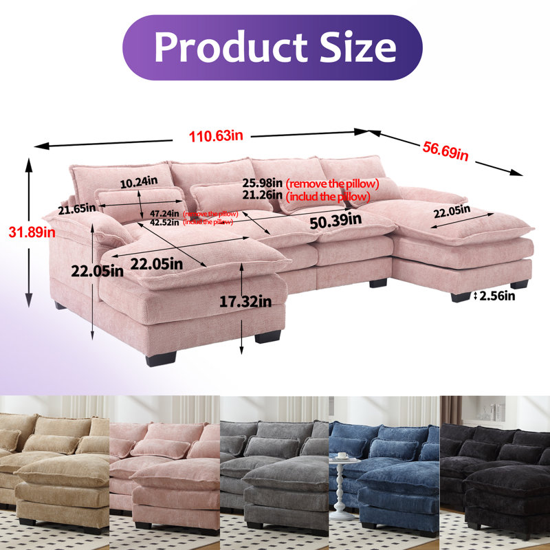 Redenius 110.63" U-shape Chenille Sectional, Pink