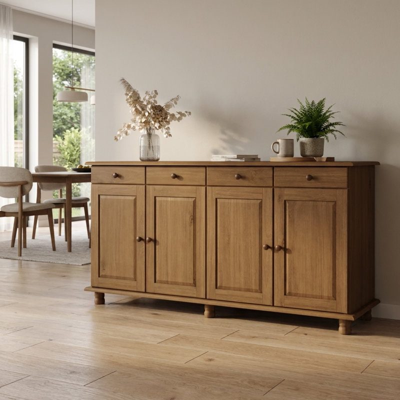 Buffet en bois massif à 4 portes et 4 tiroirs Rubi, armoire traditionnelle de 66,5 pouces de largeur, Freijo