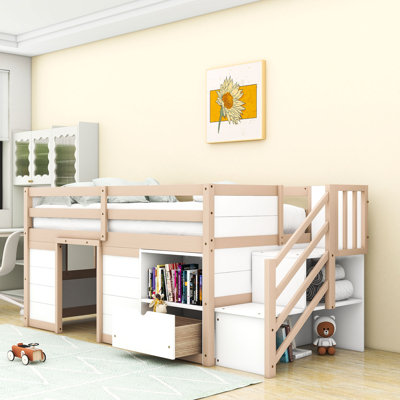 Twin Wooden Loft Bed With Built-In Stairs And 1 Drawer And Shelves