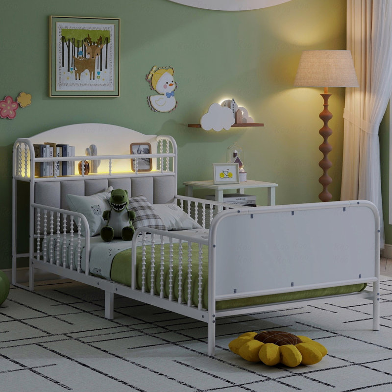 Lit plateforme simple en métal avec lumière, pour chambre d'enfant Lit simple en métal avec design rembourré et avec rangement