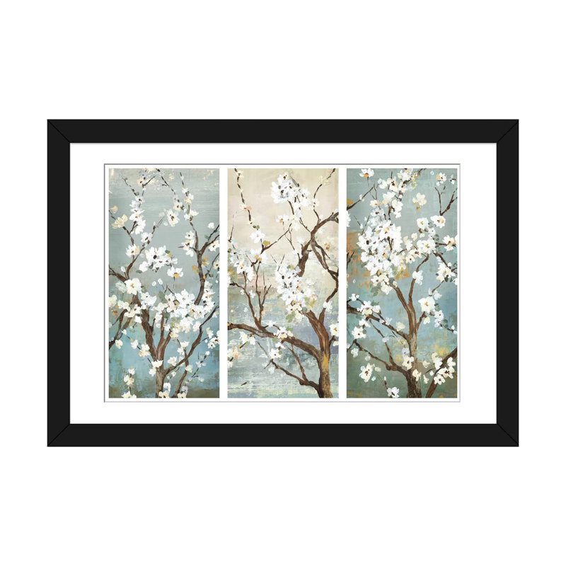 " Triptych " by Asia Jensen, 16" H x 24" W x 1" D, Black Framed Fine Art Paper, White