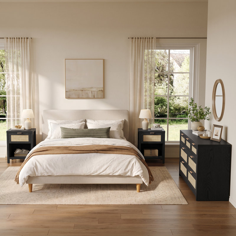 Ensemble de chambre à coucher 3 pièces avec rangement en rotin (commode 7 tiroirs + 2 tables de chevet)