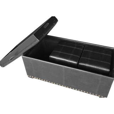 Black Leather Storage Bench With 2 Side Ottomans, Can Convert To Table, Suitable For Living Room, Nail Heads Appearance, 16" H X 39.68" W 40" D Bench, 13" 13.5" Ottomans Convertible Design,