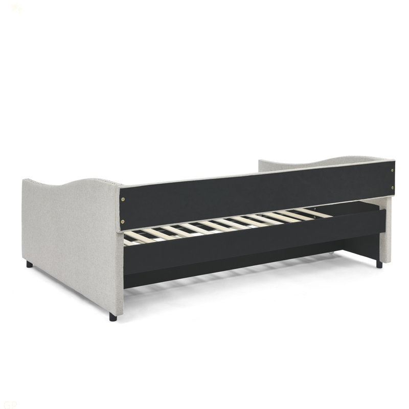 Full Size Daybed With Twin Size Trundle Upholstered Tufted Sofa Bed, With Button On Back And Copper Nail On Waved Shape Arms