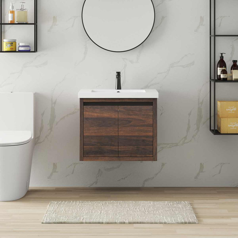 Meuble-lavabo mural simple 23,6 po avec plateau en résine Jeorgi, Brun foncé