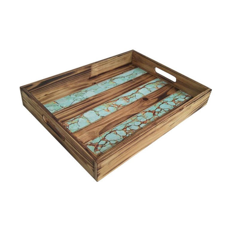Plateau en bois incrusté turquoise, 13,5 po x 17,5 po x 2,4 po, style Western Southwestern Rustic Lodge
