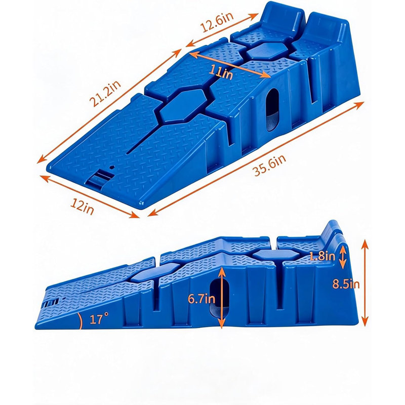 Rampes de service automobile en plastique à profil bas (lot de 2) – Capacité de 5 tonnes (12 000 lb), base antidérapante, inclinaison de 17°, hauteur de levage de 17 cm (6,7 po) pour les vidanges d'huile et l'entretien, bleues