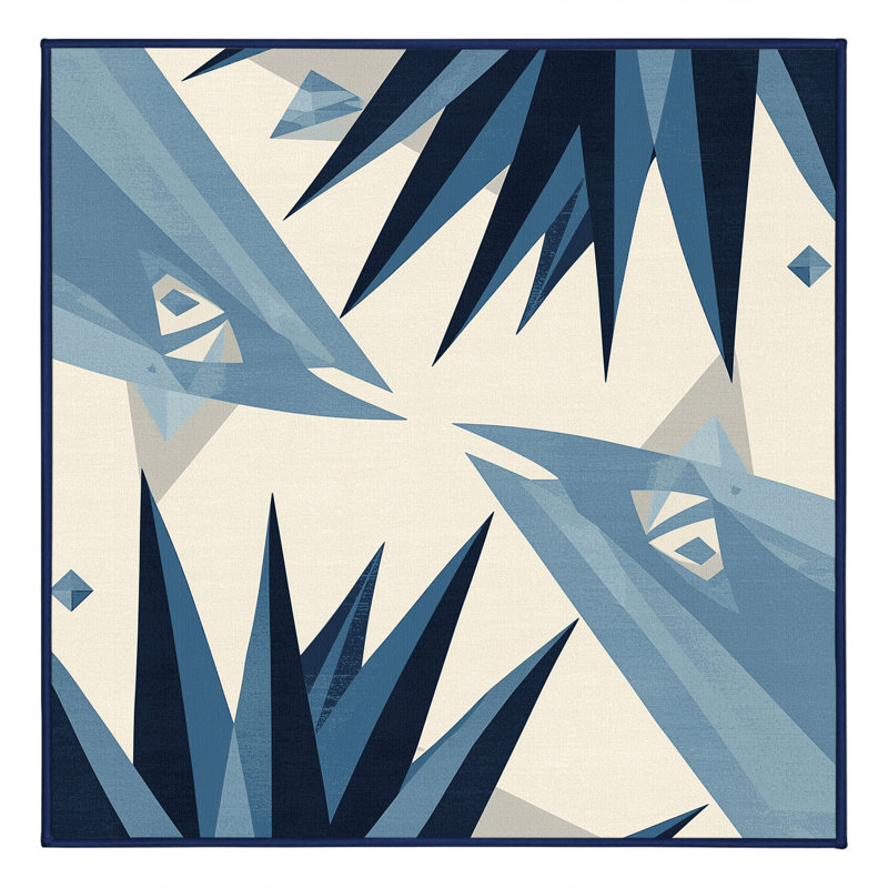 Machine Washable Ortmund Blue Agave Modern & Contemporary Geometric Shapes Rug in Beige – Navy Binding, 5' Square