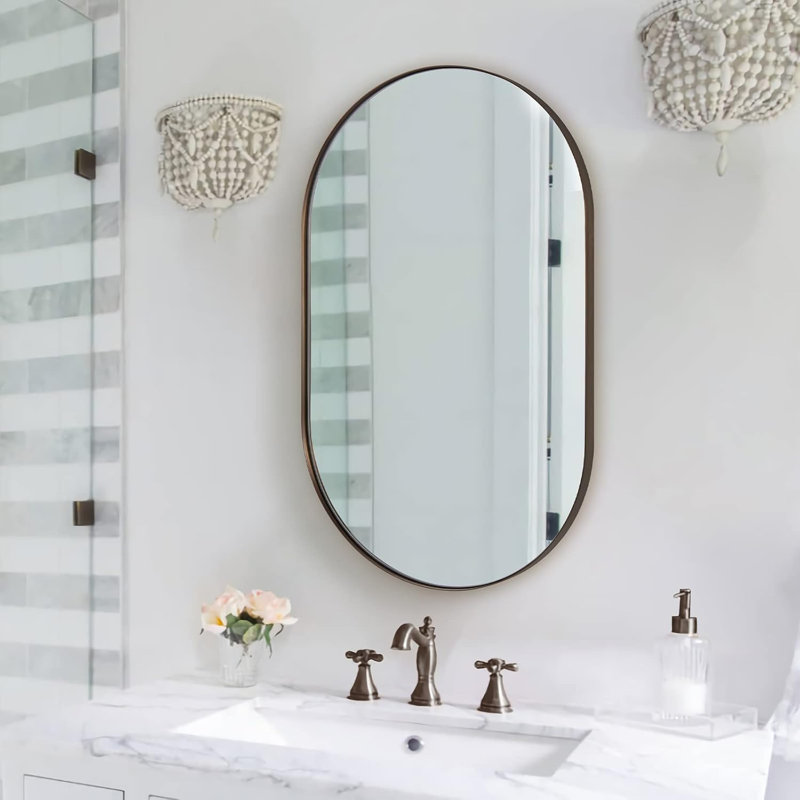 Kaitlee Modern Capsule Bathroom Vanity Wall Mirror | Stainless Steel Frame, Brushed Bronze, 33" x 20", Pill