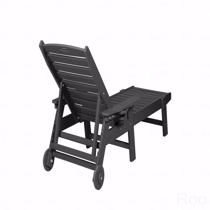 Outdoor Patio Lounge Chair, With Wood Texture, Oversized Chaise Lounge Chair With 5 Positions, HDPE, With Wheels And Cup Holder