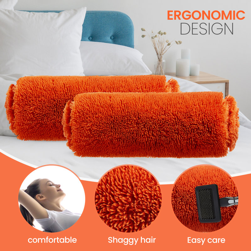 Rust Orange Shaggy Long Hair Bolster Pillows Set
