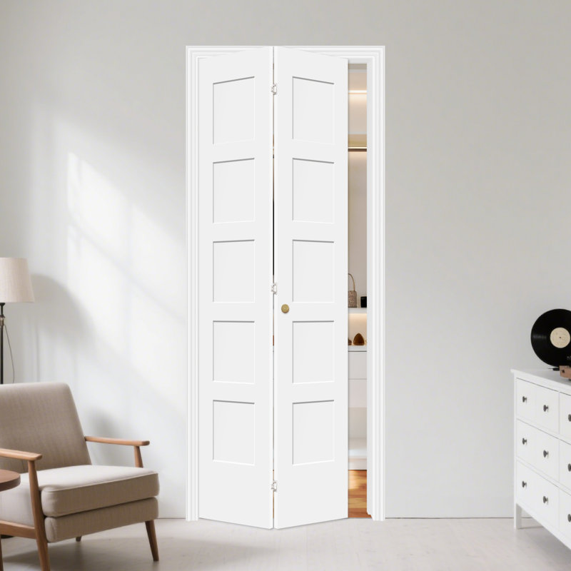 Primed 5 Panel Solid Core Interior Shaker Bi-fold Door With Hardware, 30" x 80"
