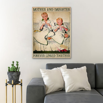 «Mother and Daughter Knitting On Canapé - Mother and Daughter Forever chaînés ensemble», 1 reproduction d'art graphique sur toile tendue