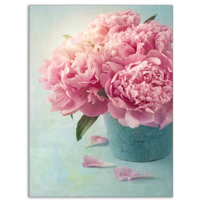 Pivoine rose dans un vase-impression d’art graphique, H 40 po x l 30 po x P 1,5 po, Métal