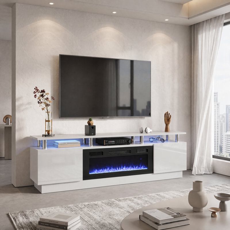 Meuble télé Kazimieras avec foyer électrique, console multimédia moderne à 2 niveaux, 23.4" H × 70" L × 13.8" W, Blanc/Noir
