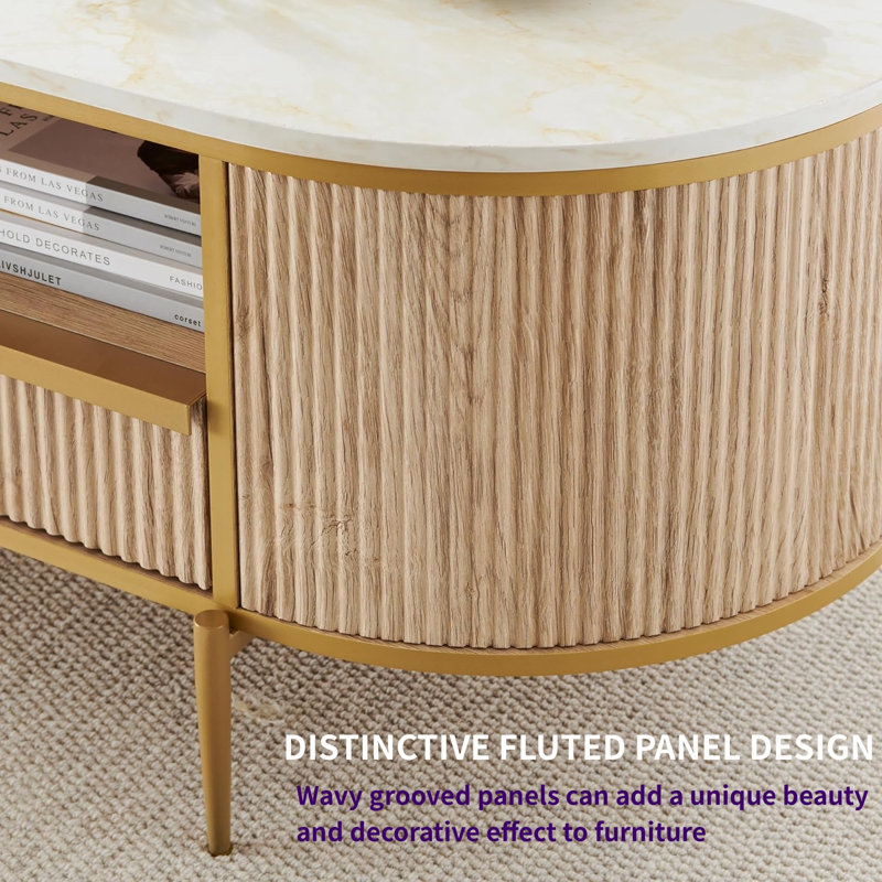 Table basse ovale avec rangement Roseellen, Chêne naturel, Marbre de couleur crème