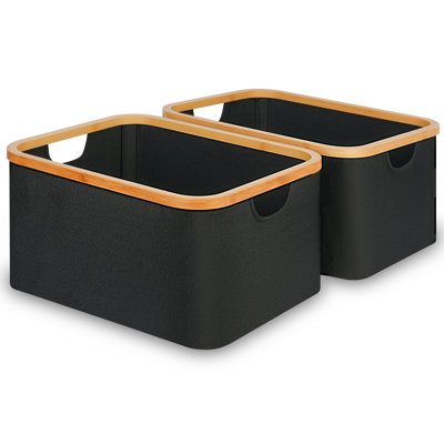 Storage Baskets for Organizing, Fabric Storage Bins with Bamboo Handles, Collapsible Storage Baskets for Shelves and Closet (Black, 16.2'' x 13'' x 9.1'')