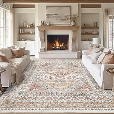 Tapis vintage lavable 244 x 305 cm pour salon et chambre – Tapis orange à poils courts antidérapant, doux et résistant aux taches, idéal pour la salle à manger, le bureau et la décoration intérieure.