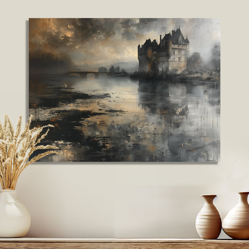 Impression sur toile grise noire et rustique au bord du lac I - Châteaux, Métal métal, H 12 po x l 20 po x P 1 po