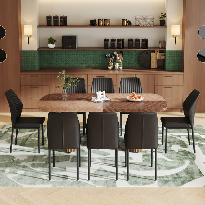 Large Farmhouse Kitchen Dinning Table Set Double Robust Pedestal, Black, 9 Pieces: Table, 8 Chairs