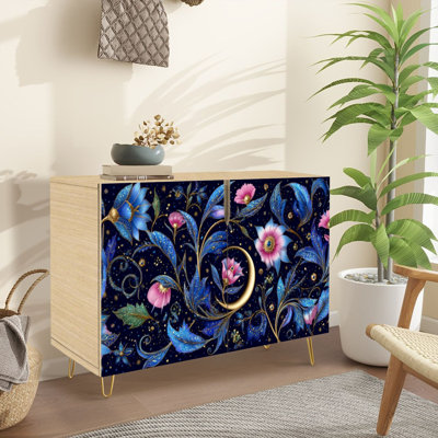 Sideboard Buffet Cabinet with Storage Cosmic Botanical Flowers Moon Ornament with 2 Doors for Living Room and Kitchen