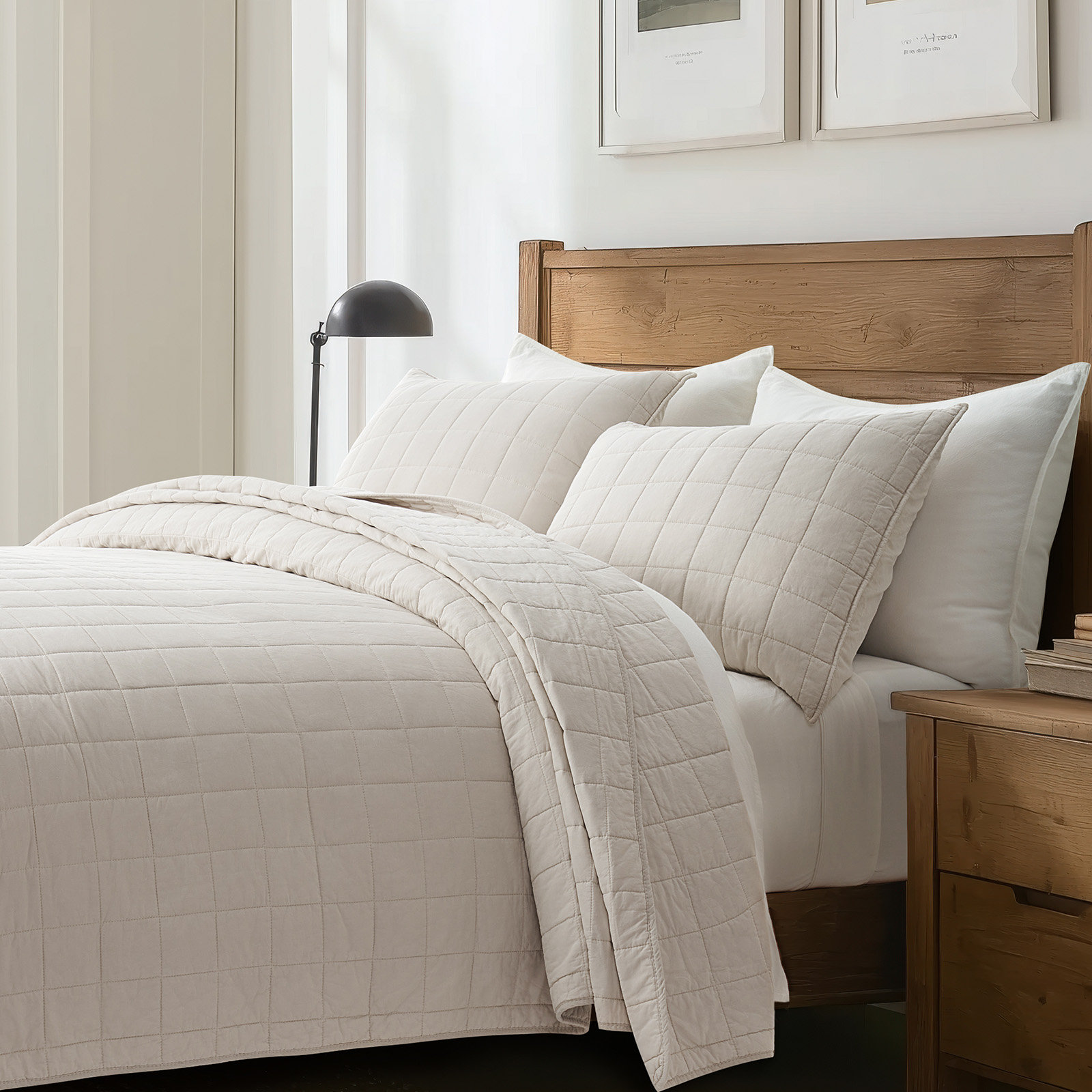 100% Cotton Box Stitch Quilt Set, Birch, California King Quilt + 2 King Shams
