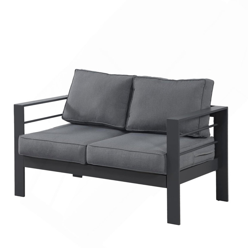50" All-Weather Aluminum Patio Loveseat With Thick Dark Gray Cushions & Gray Frame, Gray Cushion/Gray Frame