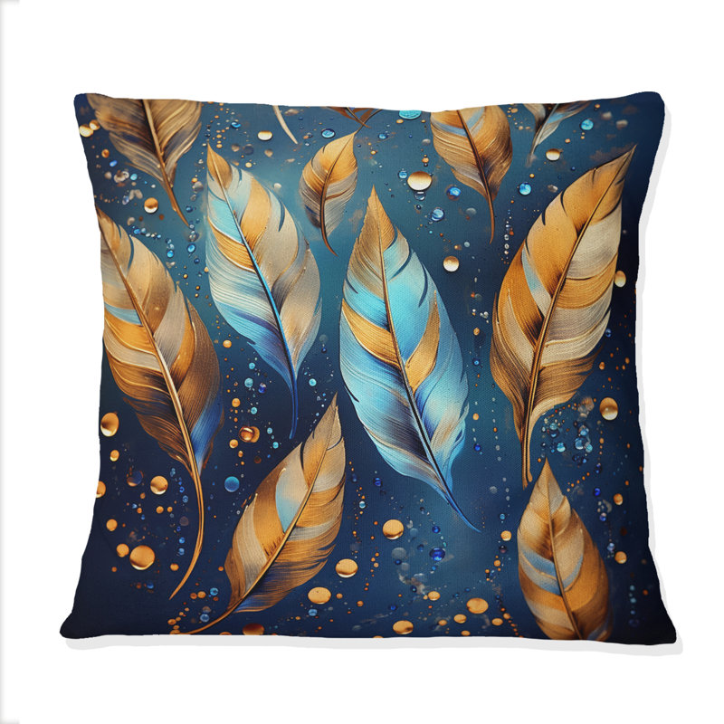 Coussin Boho Glam Gold Feathers On Cosmic Blue I - Feathers