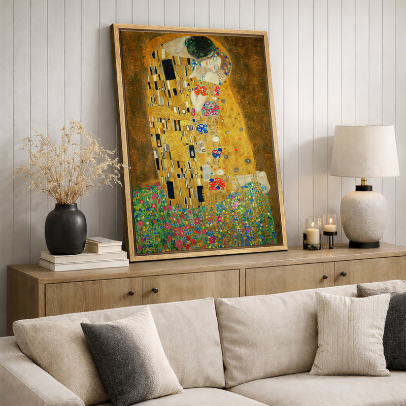Célèbre œuvre d'art «The Kiss» par Gustav Klimt, H 36 po x l 24 po, Reproduction avec cadre flottant, Naturel