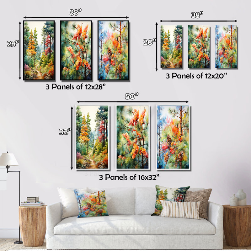 «Pine Tree Autumn Symphony», 3 pièces sur toile, H 32 po x l 48 po, Cadre flottant blanc
