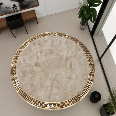 Tapis rond en cuir beige avec bordure grecque dorée, tapis en cuir beige 4 pi