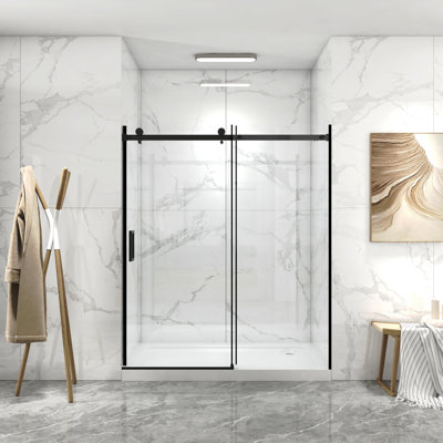 Porte de douche sans cadre de 56 à 60 po x H 70 po, porte de douche coulissante, avec cabine de douche en verre trempé épais de 5/16 po (8 mm) de qualité supérieure, couche facile à nettoyer double face, fini noir mat avec tampon