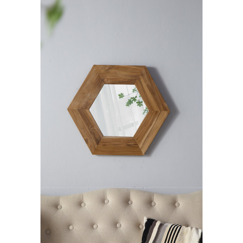Miroir hexagonal 18,5 "avec écran en bois robuste pour les murs de la maison, Naturel