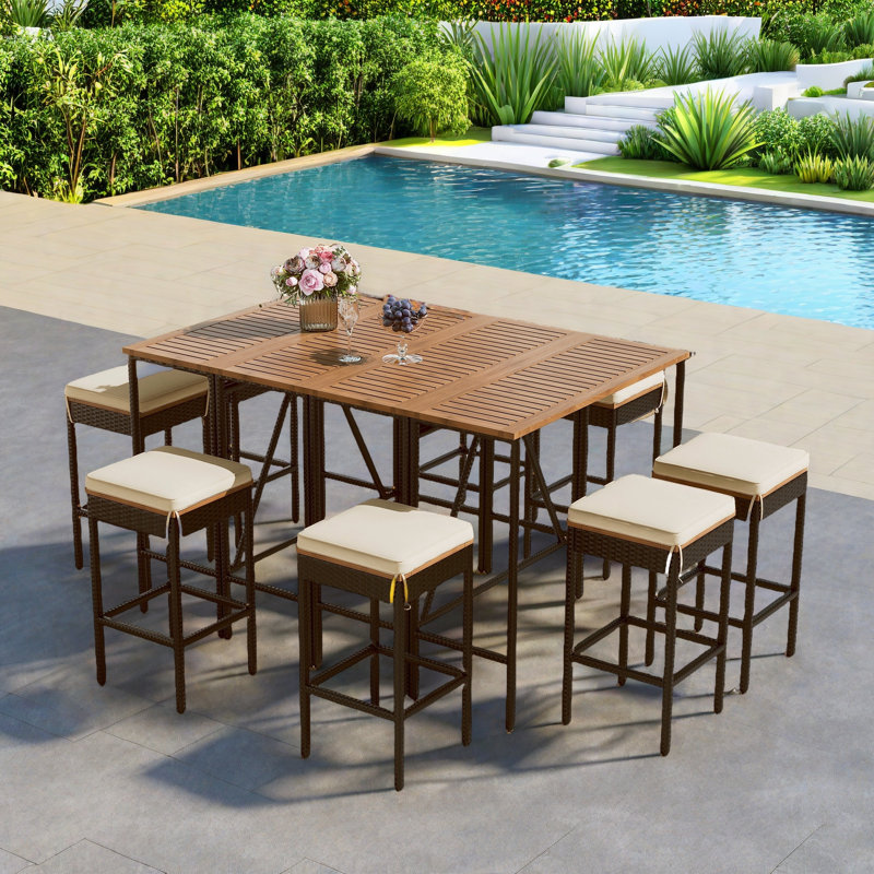 10-Piece Outdoor Dining Table Sets Included 2 Foldable Tables And Eight Stools With Cushions