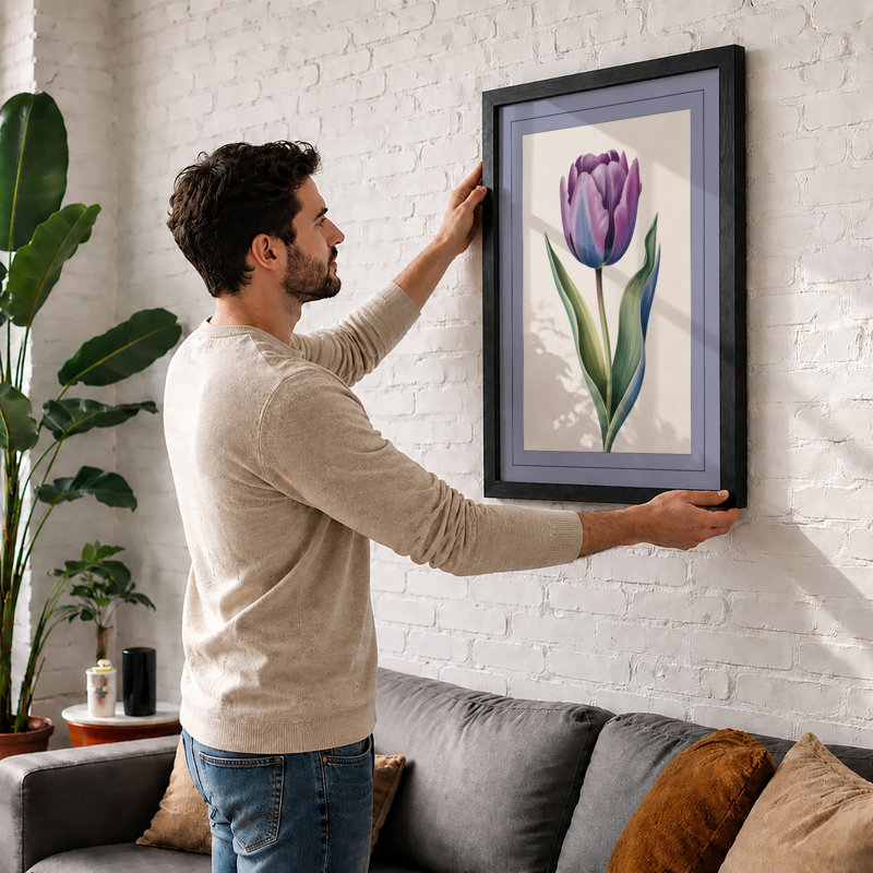 Purple Tulip Study Botanical - Framed Print, A4 - 29.7 x 21.0 cm, White