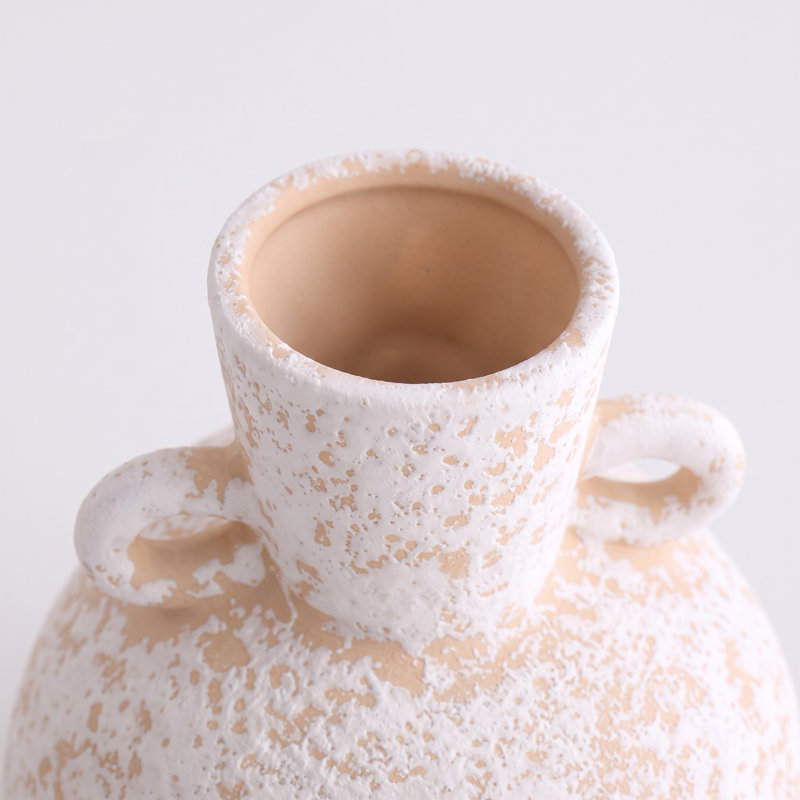 Vase en céramique Wabi-Sabi, vase rond bicolore à l'aspect vieilli avec poignées en boucle, idéal pour décorer un foyer ou une console.