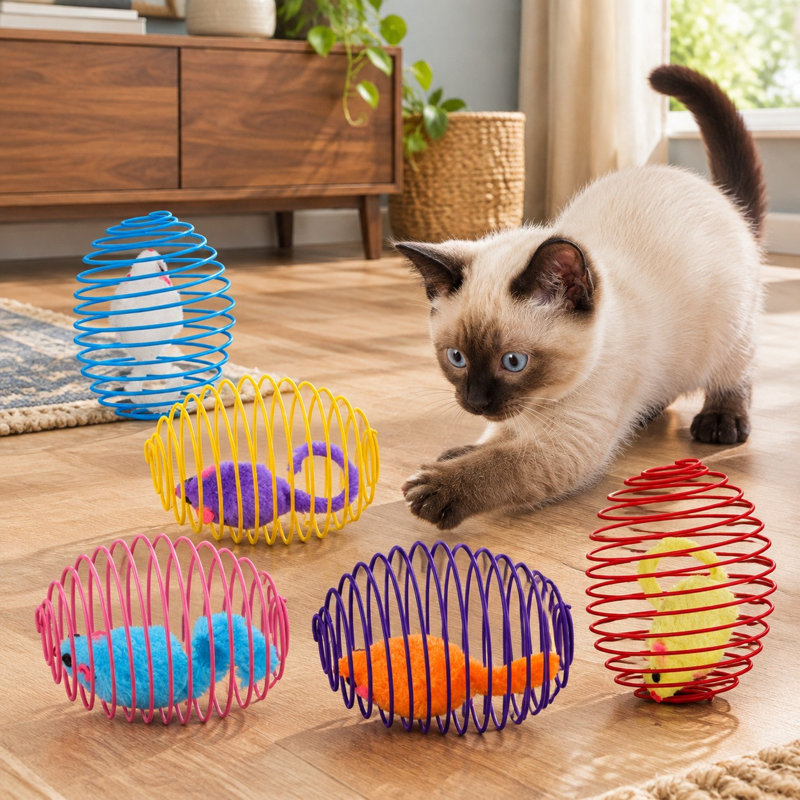Un ensemble d'Halloween multicolore offre 5 pièces de jouets interactifs pour chat en métal, y compris un ressort, une souris, une boule roulante extensible et des ressorts ludiques colorés pour les chatons d'intérieur.