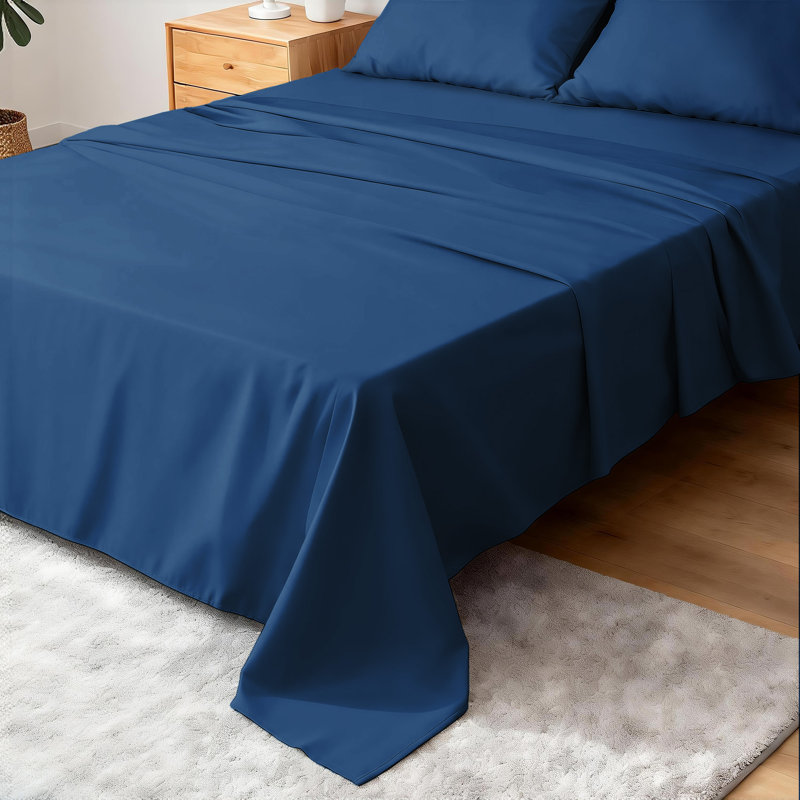 Drap en satin de coton 220 fils doux et lisse, Drap plat de taille de lit double, Marine