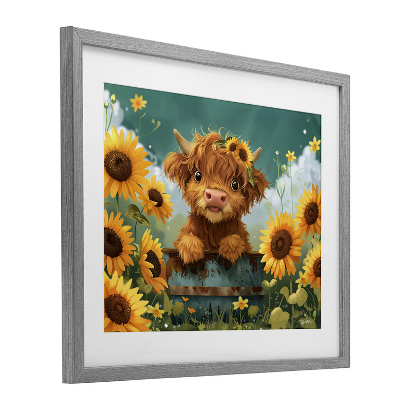 Adorable jolie vache Highland encadrée sous verre, design par Momart, H 17 po x l 21 po, Cadre de ferme gris