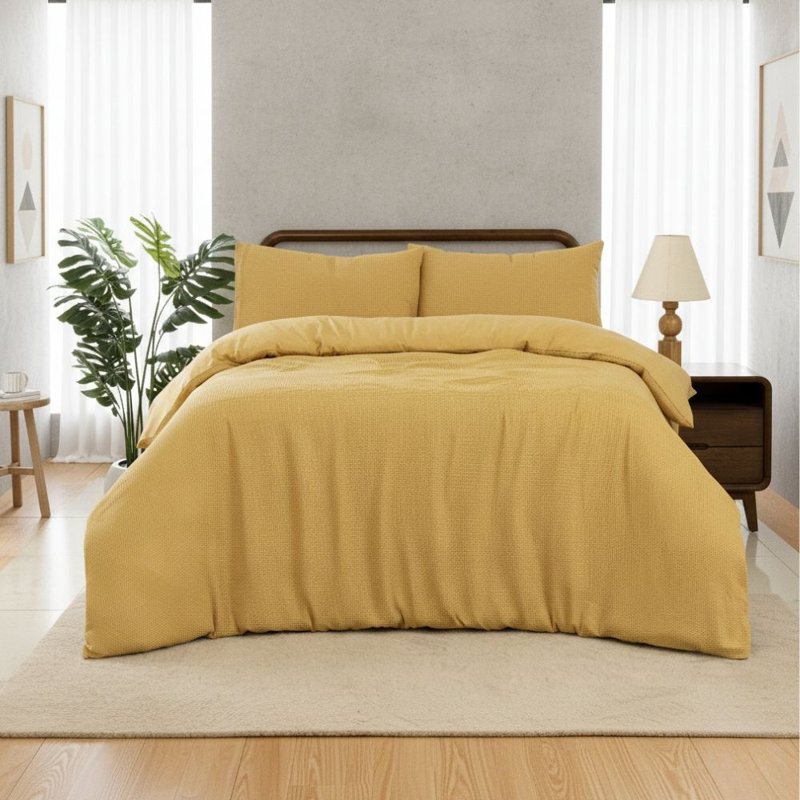 MHG Living Chunky Waffle Striped Duvet Cover Set Polycotton - Includes Pillowcase - Single/Double/King/Super King, Mustard