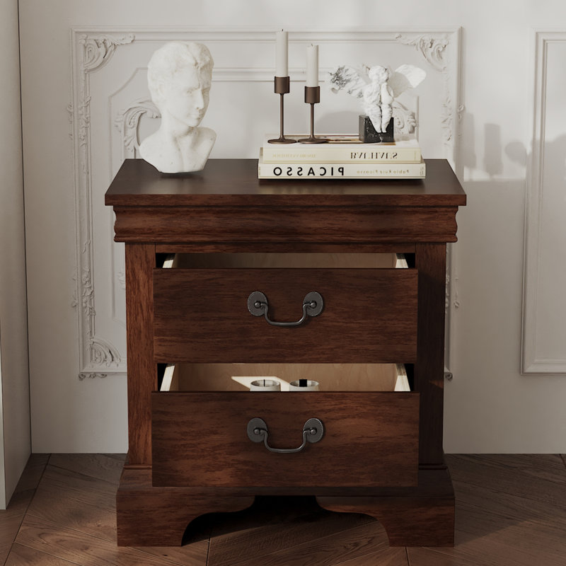 22"L Classic Wooden Nightstand, 2 Storage Drawers, Solid Wood, Brown
