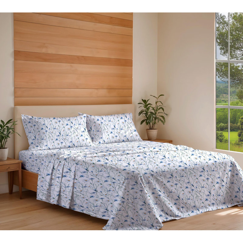 Ensemble de draps 100% coton biologique 4 pièces, Floral à bourgeons de marguerite