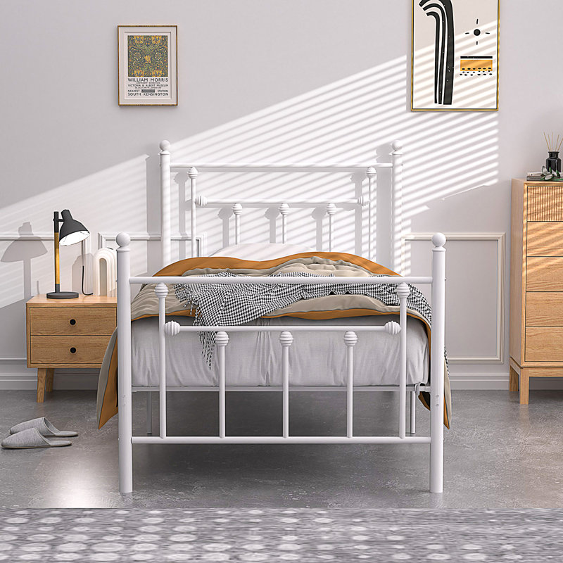 Cadre de lit 2 pièces, lit plateforme simple en métal 2 pièces, sommier avec tête de lit, aucun sommier nécessaire, Blanc